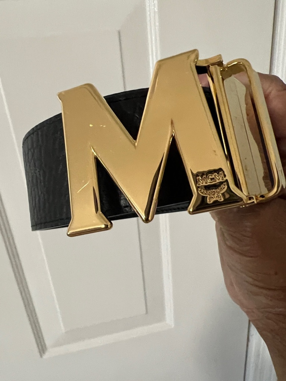 MCM Black Textured Leather Belt with Gold M Buckle
